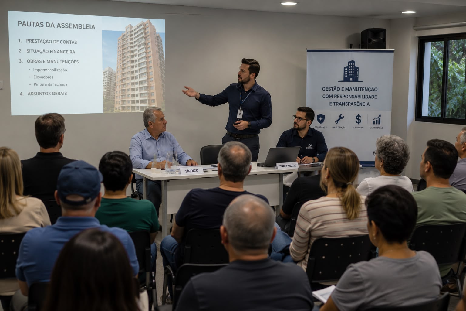 Assembleia de condomínio com apoio técnico
